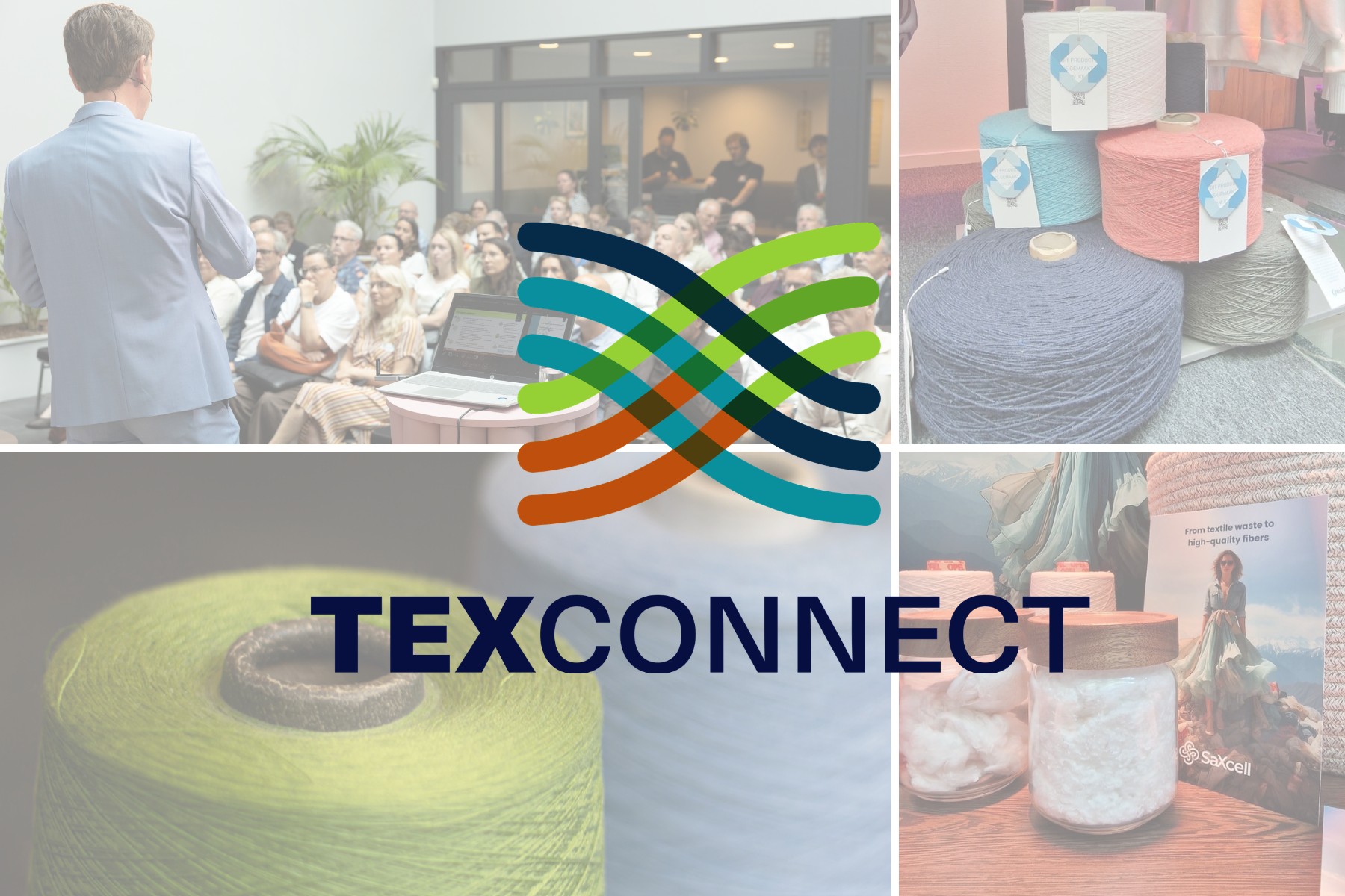 TexConnect collage, op de voorgrond het logo op de achtergrond publiek, garens en vezels